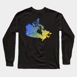 Colorful mandala art map of Canada with text in blue and yellow Long Sleeve T-Shirt